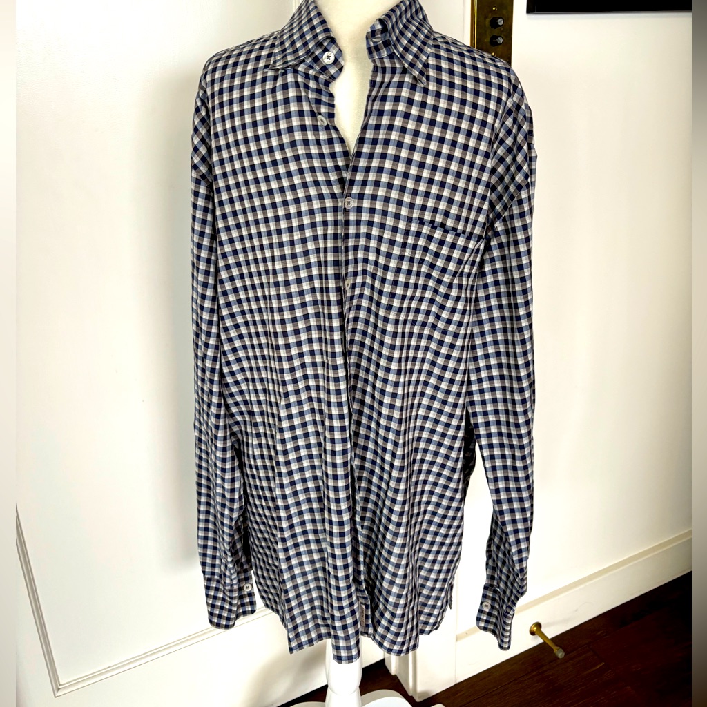 Canali Navy And White Plaid Button Down Shirt Sz Xl #1